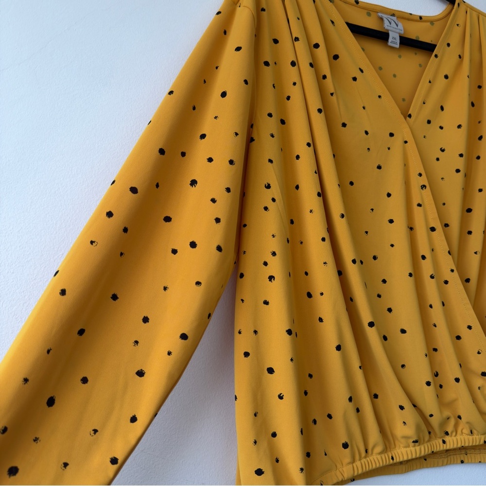 Mustard Yellow Polka Dot Wrap Front Blouse Worthington - Picture 5 of 7